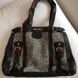 MiuMiu Prada Brown Tweed Leather Shoulder Tote Handbag
